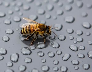 Erster Besucher am Ankunftstag: Handelsübliche Honigbiene . Maja labt sich an den Regentropfen