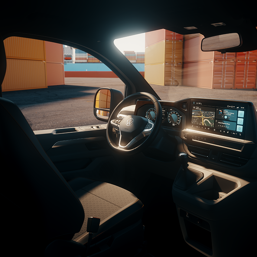 Die nächste Transporter-Generation verfügt über eine deutlich erweiterte Serienausstattung inklusive digitalem Cockpit sowie ein Infotainmentsystem mit Zentralbildschirm.
